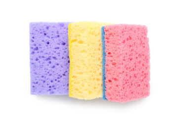 Sponges for cleaning on white background, top view