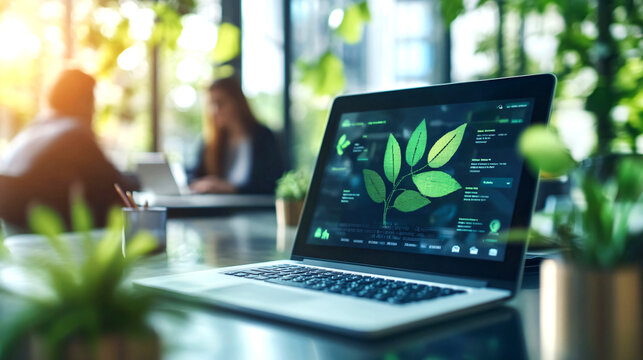 ESG environmental social governance display on laptop on eco, friendly company meeting , Generative ai