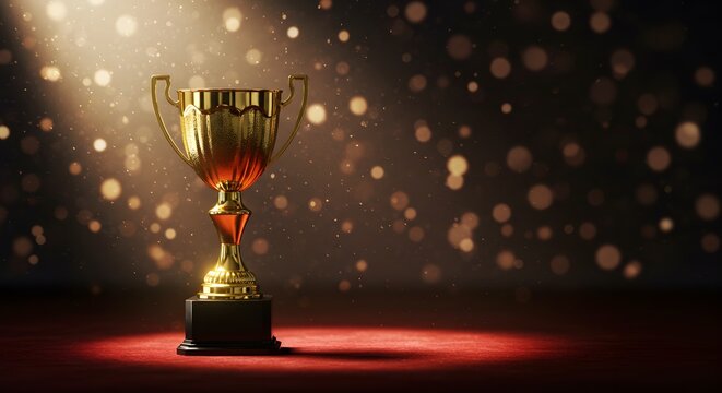 Golden trophy on a red carpet, spotlight shines on award.