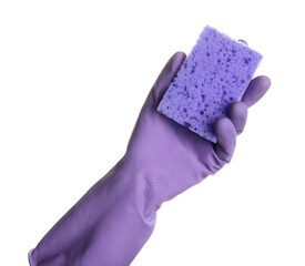 Hand in rubber glove holding sponge for cleaning on white background