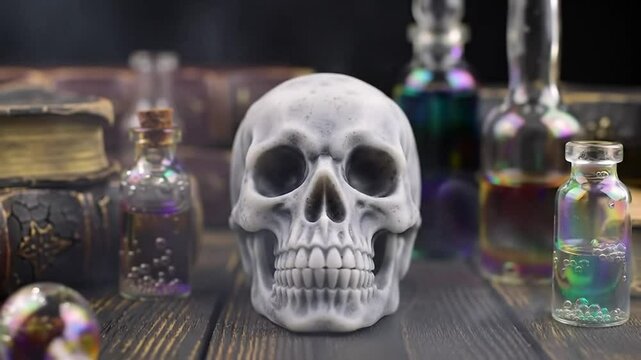 Candlelight illuminates skull and potion bottles