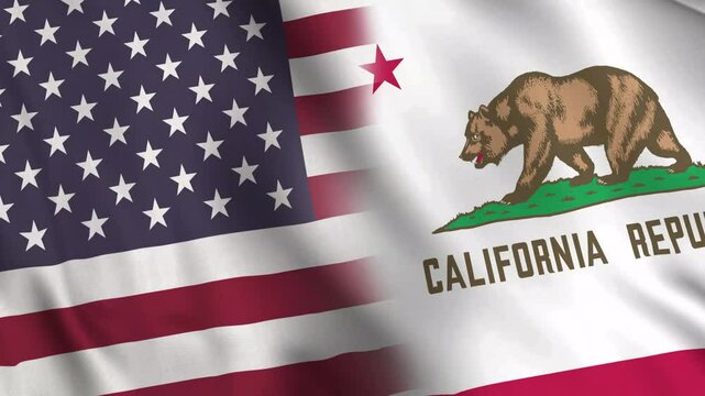 The diagonally aligned combined California and USA flags are waving in the wind. Realistic slow motion loop animation. Symbolizing state pride, unity, and the American spirit.