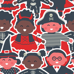 Halloween Kids Seamless Pattern. Halloween Background. Party Decoration Template. Children in Halloween costumes. Happy Girls, Happy Boys. Crowd. Vector illustration in Red, Black, White