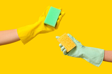 Hands in rubber gloves holding sponges for cleaning on yellow background