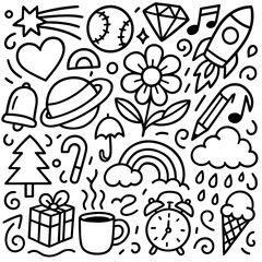 Random Doodle Line Art of Objects and Symbols &ndash; Black Line Art Vector Set