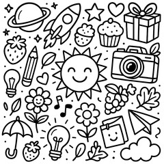 Doodle Line Art of Random Objects and Symbols &ndash; Black Line Art Vector Set