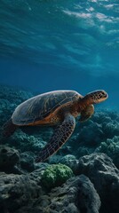 Obraz premium A graceful sea turtle glides through crystal-clear tropical waters above a vibrant coral reef, showcasing marine life near Mexico’s coast.