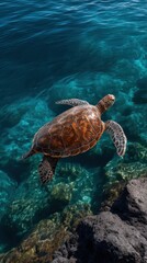 A graceful sea turtle glides through crystal-clear tropical waters above a vibrant coral reef, showcasing marine life near Mexico&rsquo;s coast.