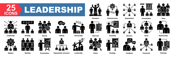 leadership icon collection set.Champion,Brainstorming,Organization,Presentation,Team,Partnership,Briefing.Flat icon collection.
