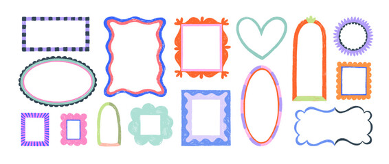 Crayon drawn funky picture frames and doodle borders. Cute oval, rectangle and square shaped frames. Whimsical wedding wavy borders with decorative lines. Geometric abstract background.