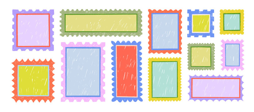Crayon drawn vintage postcard stamp or picture frames. Funky cartoon post card stamp illustrations. Rectangle and square tex boxes with wavy or zigzag edges. Colorful whimsical boarders and frames.