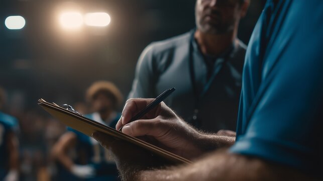 Close-up of Coachs Hands Writing on Clipboard During Sports Game, Strategic Planning, 