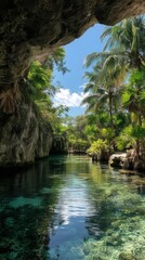Crystal-clear underground river surrounded by rocky cliffs and palm trees, perfect for swimming and relaxing at a luxury resort in Mexico.