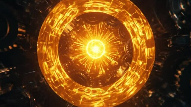 A close up view of intricate gears surrounding a bright glowing sphere in the center frame view