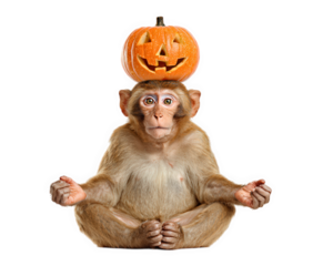 Monkey sitting cross legged with carved pumpkin jack o lantern on head, isolated on white, playful and whimsical Halloween concept
