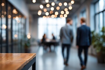 Out-of-focus image of people gathered around a table in a modern office space with warm hanging lights and a professional atmosphere.