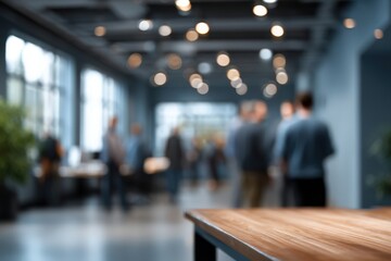 Out-of-focus image of people gathered around a table in a modern office space with warm hanging lights and a professional atmosphere.