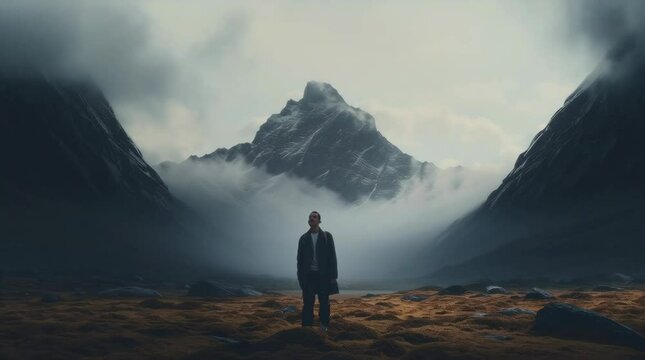 Mountain and Person Standing in the Middle. Freedom, Adventure, Loneliness, Self Awareness Concept
