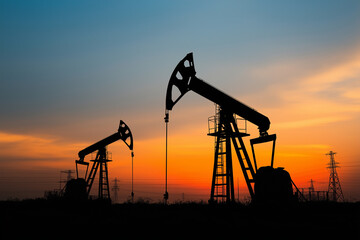 An oil pump silhouette stands against a dusk sky of orange and blue, framed by powerline towers and shadowed structures&mdash;capturing industrial stillness and energy at sunset.