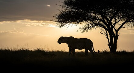 Fototapeta premium Serene Sunset Silhouette: A Leopard's Majestic Stroll