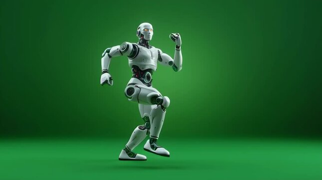 Mechanical stride: An advanced humanoid robot, constructed with precision and purpose, strides confidently against a vibrant green backdrop. the illustration reflects innovation.