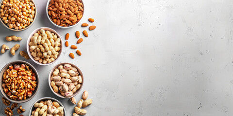 Assorted Nuts in Bowls on Gray Concrete Background with Copy Space for Healthy Food, Organic Snack, and Natural Protein Concept