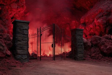 Ornate wrought iron gates stand between stone pillars as flames and smoke rage behind them, evoking a dark, hellish fantasy atmosphere.