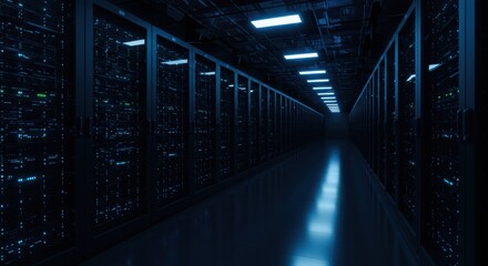 Fototapeta premium Photo of a long aisle in a dark server room with glowing lights, showcasing data storage and processing