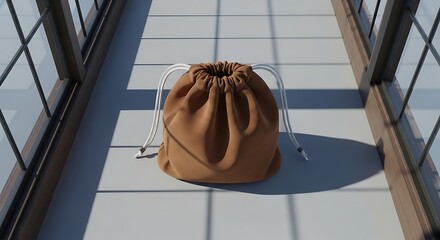 Brown Suede Pouch on Tiled Walkway with Window Reflections