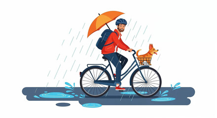 Fototapeta premium Man riding bicycle with dog in basket under umbrella in rain