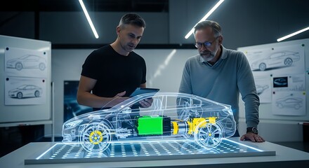 Automotive Engineers Analyzing a Transparent Electric Car Model