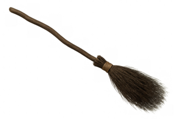 Rustic witch's broomstick with wooden handle and straw bristles, isolated on a transparent background, ideal for halloween or fantasy themes