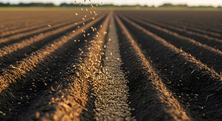 Seeds falling into furrows of plowed field during planting season at sunset in agricultural landscape