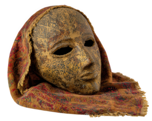 Folk mask with earthy tones geometric lines intricate patterns traditional Indian style cultural artifact textile headscarf mysterious expression vintage texture ethnic art handcrafted