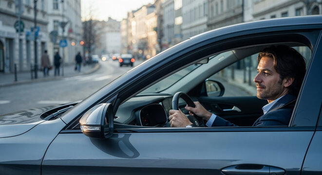 Businessman driving modern car in city center