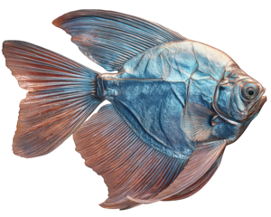 Amazonian hatchetfish with wing like fins, metallic blue and copper coloration, aquatic animal, isolated on white, detailed texture, exotic freshwater fish