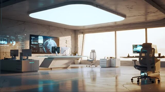 Bright Modern Office Interior with Sleek White Furniture and Large Windows Flooded with Natural Light For Adobe Stock