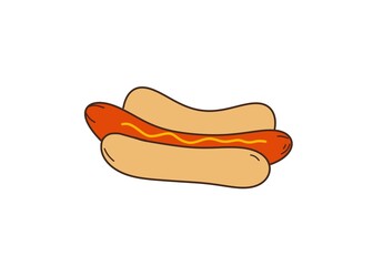 Hot dog illustration with mustard on a white background. Great for food design, clipart, print, or web use related to fast food and snacks.
