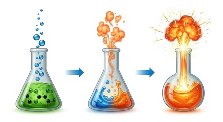 Chemical reaction progression in laboratory flasks isolated on white background