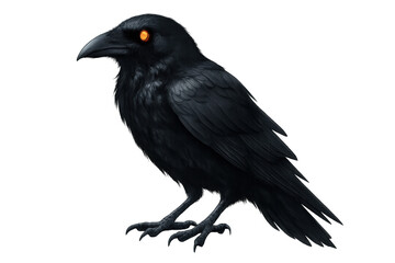 Fototapeta premium Realistic digital painting of a black raven with glowing orange eyes, standing on a transparent background