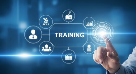 A futuristic digital interface with the word 'TRAINING' in the center, surrounded by holographic icons representing learning, skills, knowledge, teamwork, and data analysis.