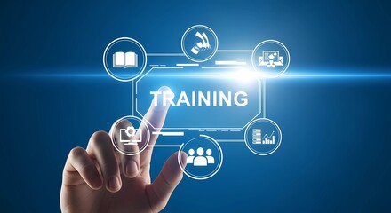 A futuristic digital interface with the word 'TRAINING' in the center, surrounded by holographic icons representing learning, skills, knowledge, teamwork, and data analysis.