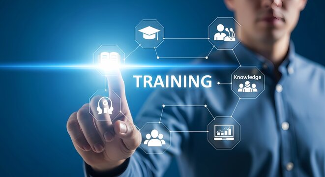 A futuristic digital interface with the word 'TRAINING' in the center, surrounded by holographic icons representing learning, skills, knowledge, teamwork, and data analysis.