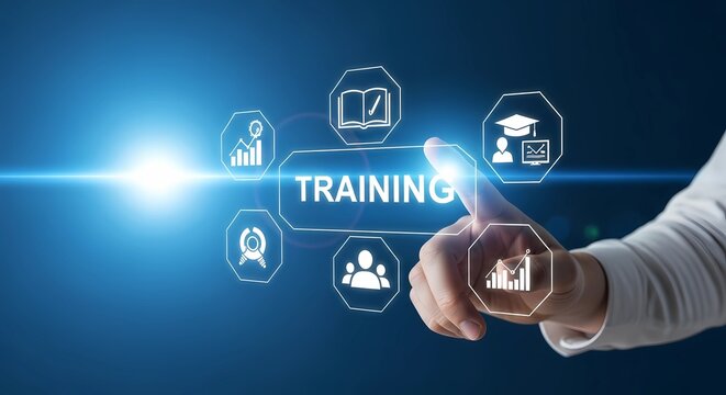 A futuristic digital interface with the word 'TRAINING' in the center, surrounded by holographic icons representing learning, skills, knowledge, teamwork, and data analysis.