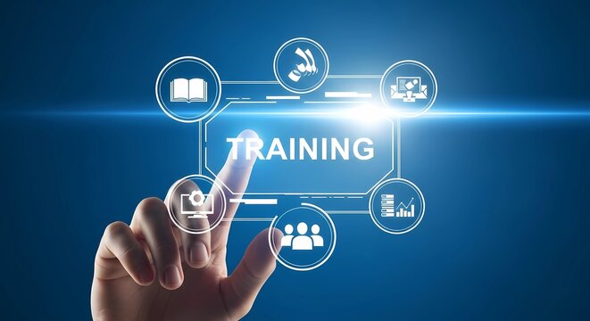 A futuristic digital interface with the word 'TRAINING' in the center, surrounded by holographic icons representing learning, skills, knowledge, teamwork, and data analysis. - Powered by Adobe