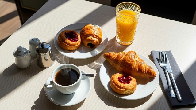 Delicious breakfast spread featuring coffee, croissants, pastry, and orange juice, set on a bright table