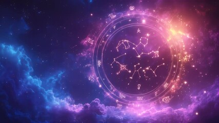 Cosmic artwork with vibrant nebulae and an astrological zodiac - Powered by Adobe