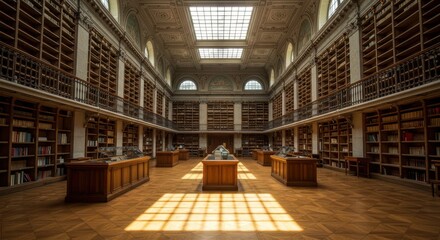 Spacious library interior with high ceilings