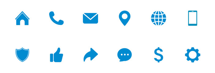Home, email, location, web, contact, phone, social media ui icons. Solid vector icons.