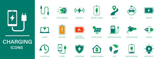 Charging icon. Containing fast charging, ev charging station, battery, electricity, charge time, phone, energy.